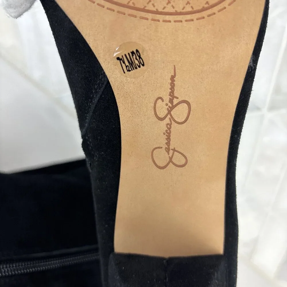 7.5 Tall Knee High Boot Black Leather Suede Cone Heel Pointed Toe Zip Bryle